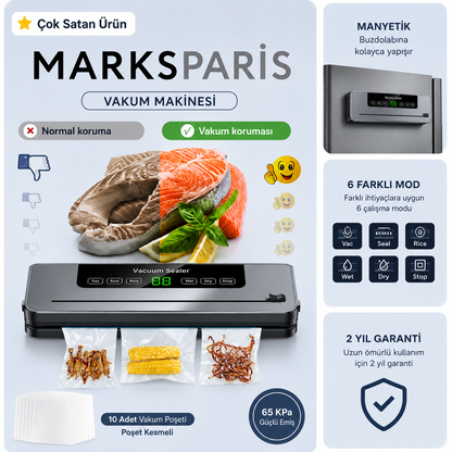 MARKSPARİS™ Gıda Vakum Makinesi +10 Poşet Hediyeli