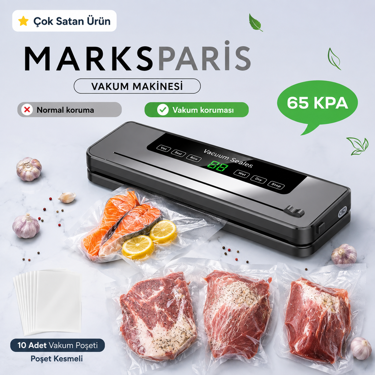 MARKSPARİS™ Gıda Vakum Makinesi +10 Poşet Hediyeli