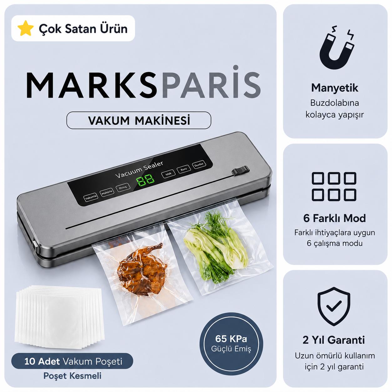 MARKSPARİS™ Gıda Vakum Makinesi +10 Poşet Hediyeli
